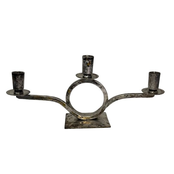 Vtg Art Deco Silver Plated Candelabra Mid Century Hammered Silver Candle Holder - Picture 6 of 8